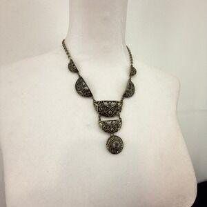 Signed GV9 Art Deco Bib Necklace Antiqued Gold Tone Marcasite Medallion Filigree